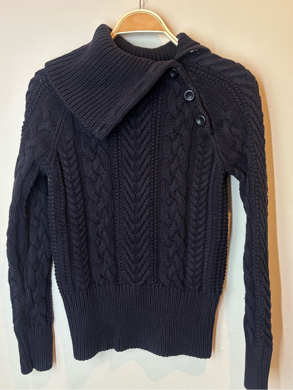 Women’s Cable Knit Button Mockneck Collar Sweater - Black, 100% cotton, medium